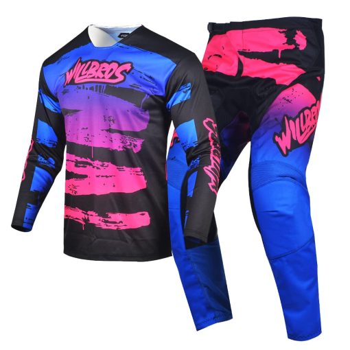 Conjunto de Jersey y Pantalon de Motocross Willbros para Hombres y Mujeres en Rosa y Azul (Jersey XL Pantalones 36)