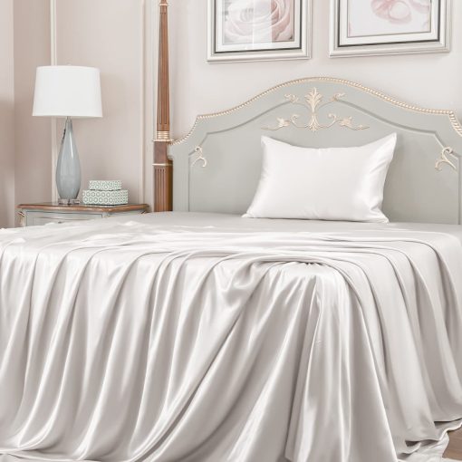 Juego de Sabanas de Seda 100% Morera PROMEED 23 Momme Twin XL 3 Piezas, Juego de Sabanas de Cama de Seda Oeko TEX Pura con Sabana Plana, Sabana Ajustable y Funda de Almohada (Blanco, Twin/Twin-XL)