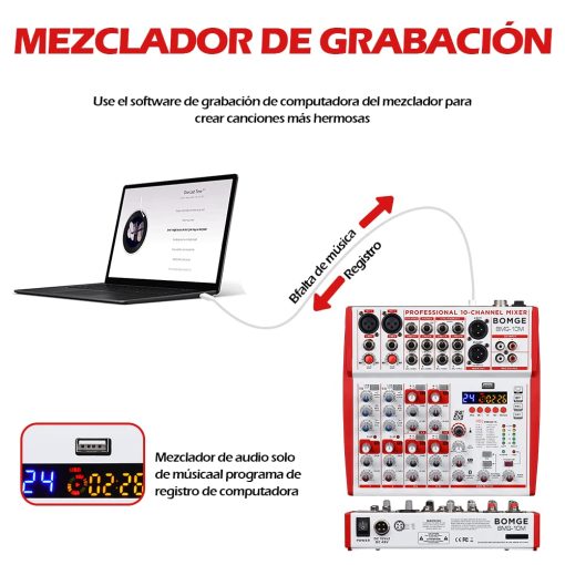 Mezcladora de sonido BOMGE de 10 entradas con preamplificadores de microfono y compresores, 24DSP, bluetooth, Alimentacion 48V, EQ britanico e Interfaz USB/Audio para grabacion, karaoke y podcast. (10M-10 Canales) - Imagen 3