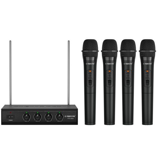 Sistema de Microfono Inalambrico Phenyx Pro, 4 Canales de Microfonos Inalambricos VHF, con 4 Microfonos Dinamicos de Mano, Receptor de Metal, Largo Alcance, Microfono para Cantar, Karaoke, Igleisa (PTV-2000A)