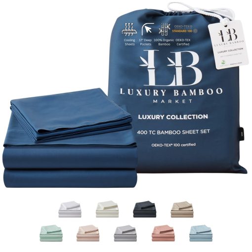 Juego de sabanas de lujo de bambu | Tamano Queen | 100% viscosa de bambu | Cosechado organicamente | Ultra suave | Sabanas refrigerantes para personas calurosas | Bolsillo profundo de 17 pulgadas [Azul medianoche]