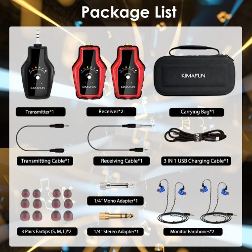 Sistema de auriculares inalambricos KIMAFUN para monitor in-ear para actuaciones en el escenario y amplificador de guitarra (1TX+2RX) - Imagen 7