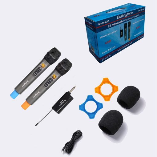 Sistemas de Microfono Inalambrico Dual UHF Berlingtone BR-105UM, de Mano Dinamico, con 60 Canales de Frecuencia Ajustable, con Eco, Agudos, Graves y Receptor Recargable, para Karaoke, DJ, Hasta 200 pies de Alcance - Imagen 6