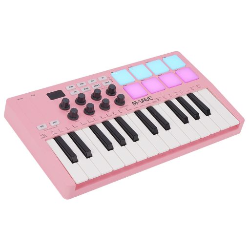 Controlador de Teclado MIDI USB de 25 Teclas M-WAVE con 8 Pads de Tambor Retroiluminados, Bluetooth, Teclado Profesional semipesado de 8 perillas y Produccion Musical, Software Incluido (Rosa)