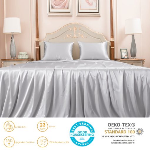 Juego de sabanas de seda Promeed 23 Momme Twin XL con sabana plana, sabana ajustable de bolsillo profundo y fundas de almohada, Juego de sabanas de seda 100% morera real de 3 piezas (Gris Claro, Twin/Twin-XL) - Imagen 2