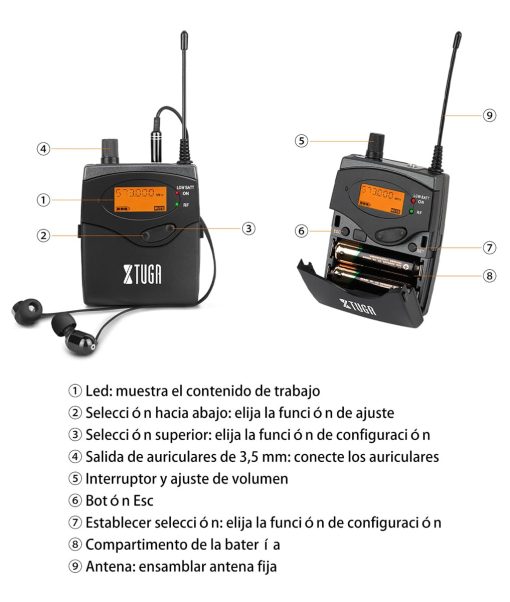 Sistema de Monitor Inalambrico XTUGA RW2080 de Metal Completo con 2 Canales y 4 Bodypacks para Monitorizacion con Auriculares Inalambricos para Escenario o Estudio Frecuencia 902-928mhz - Imagen 6