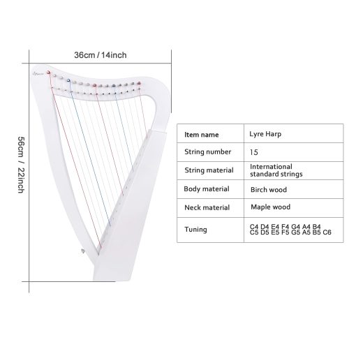 Arpa Lira, 15 cuerdas 22 pulgadas Instrumento Musical de Abedul Macizo Altura para Adultos Niños Principiantes con Llave de Afinacion Bolso Negro Correa (Blanco) - Imagen 2