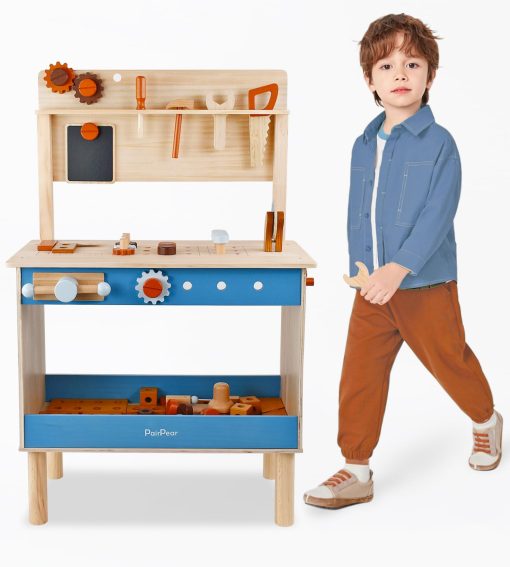 Banco de herramientas para niños PairPear, Juguetes de madera Banco de trabajo infantil con martillo de juguete y herramientas de construccion, Set de juguete para niños con accesorios de herramientas, regalo para niños - Imagen 5