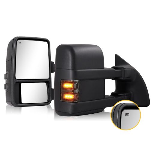 Espejos de remolque para Ford F250 F350 F450 F550 Super Duty 1999-2016 con Cristal Electrico Luz de Senal de Giro Luces de Marcha Extendibles Par (lente ahumado)