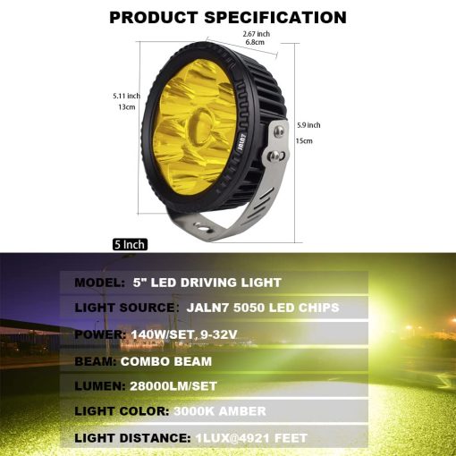 JALN7 Luces LED de Conduccion Amarillo 5 Pulgadas Proyector de Rayo Amarillo para Motocicleta Coche Offroad Faro Lente Pod Niebla Auxiliar 140W 28000LM para BMW Jeep Pickup GMC SUV ATV UTV 4X4 2PCS - Imagen 2