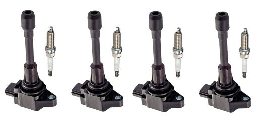 Juego de 4 bujias de platino ENA y 4 paquetes de bobinas de encendido compatibles con Nissan Frontier Versa Note Micra Sentra Versa 1.6L 1.8L 2.0L 2.5L Reemplazo para UF509 22448EA000