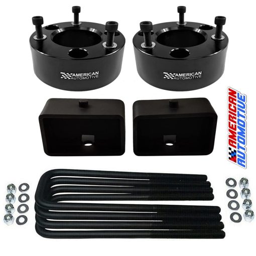 Kit de Elevacion Completo para F-150 2004-2020 [2WD/4WD] 3" Delanteros Espaciadores de Amortiguador de Acero Billet + Bloques de Levantamiento de Acero de 3" Traseros + 12" Pernos en U (Negro)