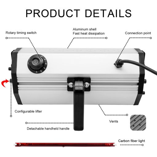 Lampara de Calefaccion Infrarroja de Onda Corta de 2000W para Secado de Pintura DATOUBOSS Lampara de Calefaccion Infrarroja Portatil para Reparacion de Carroceria Pintura de Coche Sistemas de Curado de Pintura 110V - Imagen 3