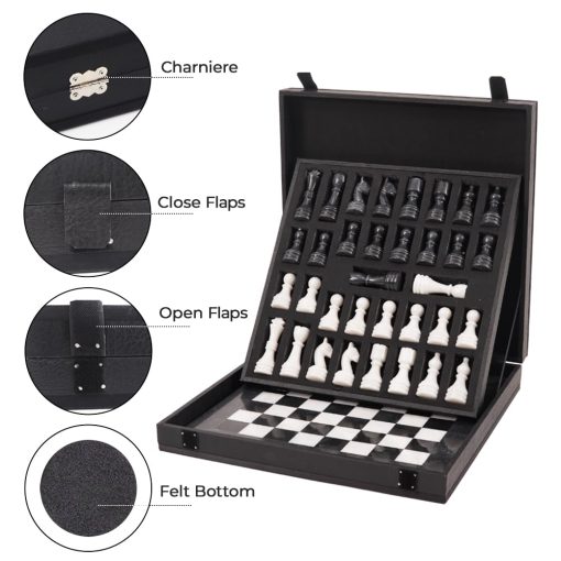 Juego de Ajedrez de Marmol Marble Range con Caja de Almacenamiento 15" Pulgadas Tablero Hecho a Mano para 2 Jugadores - Juego de Ajedrez Negro y Blanco para Uso en Exteriores y Decoracion del Hogar - Imagen 5