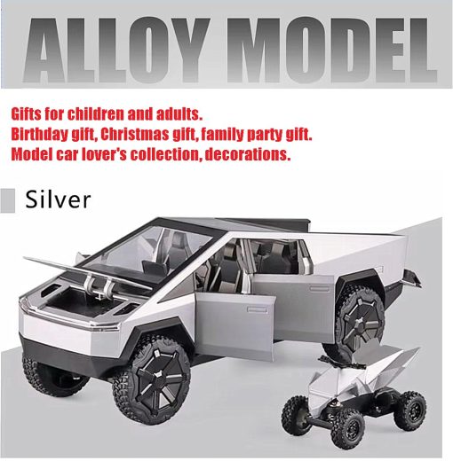 Modelo de coche de aleacion todoterreno pick-up 1:24 con juguete de motocicleta, funcion de sonido y luz, adecuado para adultos y ninos como regalo de juguete, coleccionables, decoraciones (Pick-up 1:24 Plata) - Imagen 4