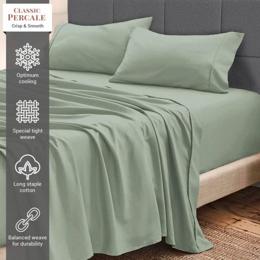 Juego de Sabanas de Algodon Pizuna Percale Tamano King, 100% Algodon de Fibra Larga Percale King con Bolsillo Profundo de 15 pulgadas (Sabanas de Algodon King Sea Foam) - Imagen 2