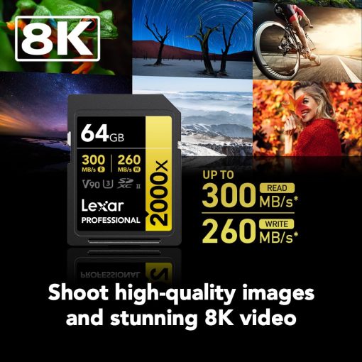 Tarjeta de Memoria SDXC Lexar 64GB Professional 2000x, UHS-II, C10, U3, V90, Video Full-HD y 8K, Hasta 300MB/s de Lectura, para Camaras DSLR y Video de Calidad Cinematografica (LSD2000064G-BNNNU) - Imagen 2