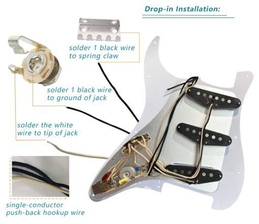 Pickguard precableado LAMSAM compatible con guitarras estilo Stratocaster de 11 hoyos, cargado con pastillas de bobina simple Alnico V, interruptor de 5 posiciones CTS Pots potenciometro de push pull, blanco - Imagen 6