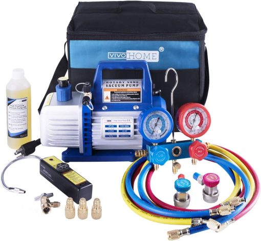 VIVOHOME 110V 1/3 HP 4CFM Bomba de Vacio de Paletas Rotativas de una Sola Etapa y Juego de Manifold de Medidor R134a AC con Detector de Fugas Bolsa de Transporte para HVAC Aire Acondicionado Refrigeracion Recarga ETL Listado