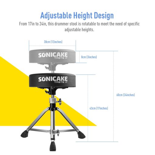 SONICAKE Banqueta de Bateria, Asiento de Bateria Resistente Actualizado, Taburete Ajustable en Altura con Piso Acolchado de Doble Reforzado, Silla Giratoria para Ninos y Adultos, Negro - Imagen 2