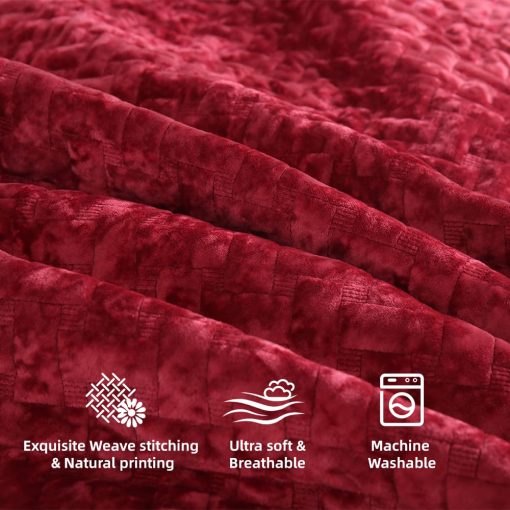 Juego de Edredon de Terciopelo Liians, Juego de Ropa de Cama de Lujo, Elegantes Ultra Suaves Edredones de Terciopelo, Mantas de Cubierta, Colcha de Costura Tejida para Todas las Estaciones, Rojo, Tamaño Queen - Imagen 5