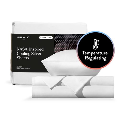 Juego de Sabanas Ajustables Miracle Made Extra Luxe Cool IT True Grip - Blanco Queen - Juego de 4 Sabanas Infundidas con Plata - Tela de 300 Hilos - Tamano Queen