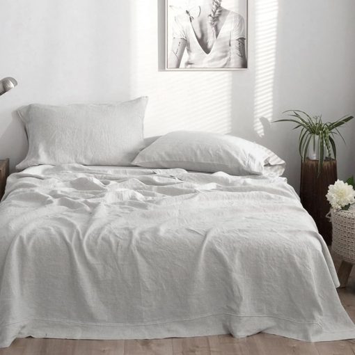 Juego de sabanas de lino lavado 100% Simple&Opulence-Tamano King-Lino Natural de Francia-4 Piezas Transpirable, Ultra Suave, Ropa de Cama Campestre (1 Sabana Plana, 1 Sabana Ajustable, 2 Fundas de Almohada)-Bordado Gris - Imagen 8