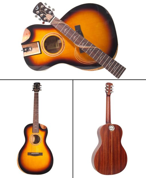 Guitarra de Viaje Solida de Sitka de Journey Instruments - FP412-13BC Guitarra Acustica-Electrica de Viaje Plegable - Estuche Mochila Portatil (Solida de Sitka/Solida de Caoba Africana Parlor Burst) - Imagen 3