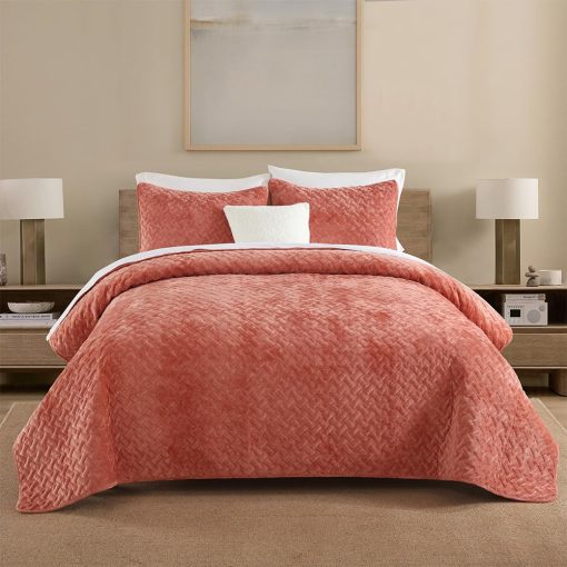 Juego de Colchas de Terciopelo Liians, Juegos de Ropa de Cama de Lujo con Terciopelo Ultra Suave y Elegante, Colchas Acolchadas de Algodon con Patron de Tejido para Todas las Estaciones, Naranja, Tamaño Queen