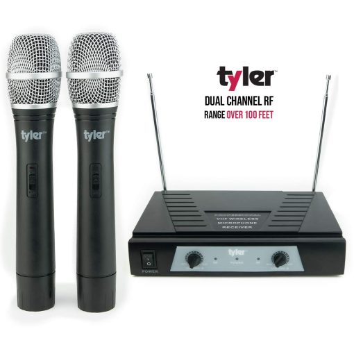 Sistema de microfono inalambrico de doble frecuencia Tyler TWM302 - Indicadores de bateria baja - Microfono de karaoke con alcance de 100 pies con cable de audio de 1/4", receptor inalambrico y convertidor de conector de 6.3 mm a 3.5 mm - Imagen 3
