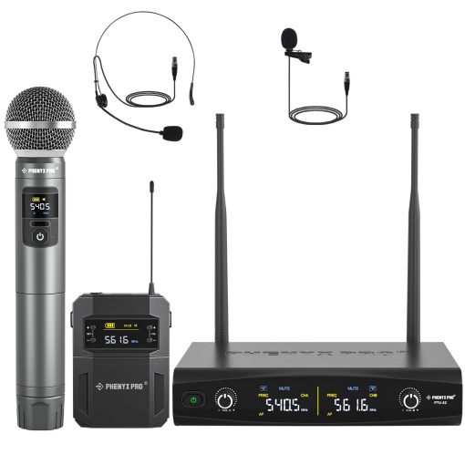 Sistema de microfono inalambrico Phenyx Pro, Set de microfono inalambrico de metal con microfono de mano/pack corporal/auricular/microfonos de solapa, 2 x 30 frecuencias UHF, microfono inalambrico para cantar, karaoke, iglesia, DJ (PTU-52-1H1B)