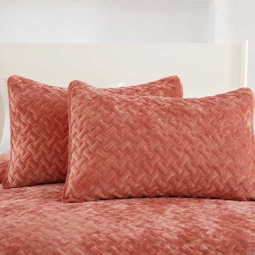 Juego de Colchas de Terciopelo Liians, Juegos de Ropa de Cama de Lujo con Terciopelo Ultra Suave y Elegante, Colchas Acolchadas de Algodon con Patron de Tejido para Todas las Estaciones, Naranja, Tamaño Queen - Imagen 5