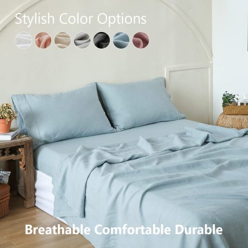 Juego de sabanas de lino Simple&Opulence 100% con bordado lavado - 3 piezas (1 sabana plana y 1 sabana ajustable y 1 funda de almohada) Flax natural suave ropa de cama transpirable estilo casa de campo - Azul Polvoriento, Tamano Twin - Imagen 6