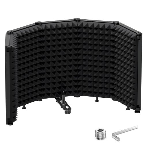 Moukey Escudo Aislante para Microfono, Pantalla Plegable con Triple Aislamiento de Sonido, Filtro de Reflexion con Montaje de Rosca para Microfono de 3/8" y 5/8" para Estudio de Grabacion, Podcasts, Canto y Radiodifusion