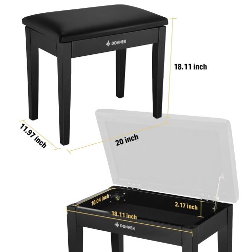 Banqueta de Piano Donner con Almacenamiento, Banco de Teclado de Madera Maciza Librero Banco de Piano Silla Taburete con Almohadilla de Esponjas de Alta Densidad, Negro - Imagen 7