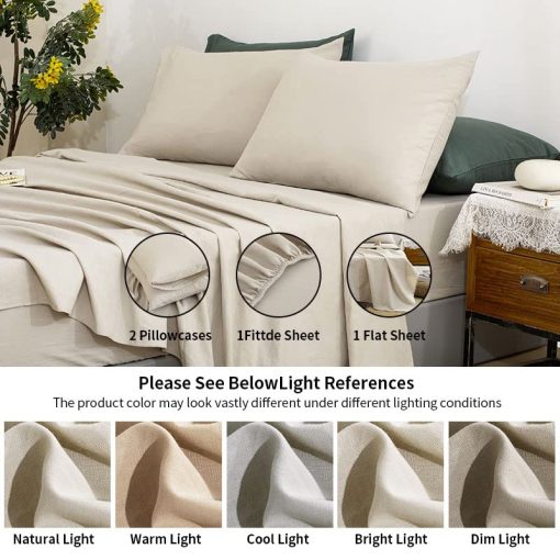 Juego de sabanas de lino TUMEI King Size - 4 piezas. Juego de sabanas de lino suave, transpirable y duradero para cama King con sabana bajera ajustable y sabana plana y 2 fundas de almohada, lino natural tamano King - Imagen 5