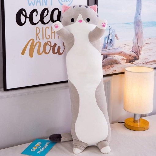 WUYU Encantador Peluche de Gato Lindo Muneco Suave de Gato Relleno de Dibujos Animados Almohada Larga Almohada de Sueno de Lanzamiento Muneco de Juguete Regalo para Ninos Novia Multiples Tamanos (Gris, 150cm/59in) - Imagen 3