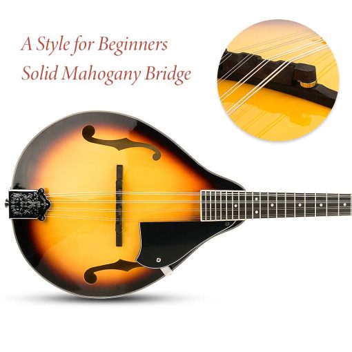 Mandolina Acustica Estilo A Vangoa Sunburst, 8 Cuerdas con Afinador, Cuerdas, Estuche, Puas - Imagen 3