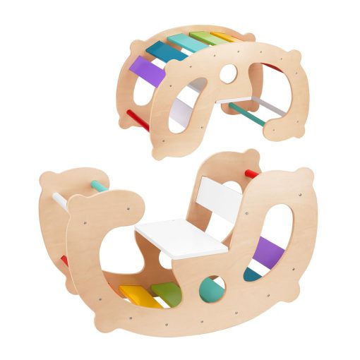 OOOK 2 en 1 Juguetes de Escalada Arcoiris - Set de Escalada Montessori Pikler, Caballo de Madera Balancin, Gimnasio de Juegos Para Ninos Interior y Exterior, Patio de Juegos para Ninos Regalo