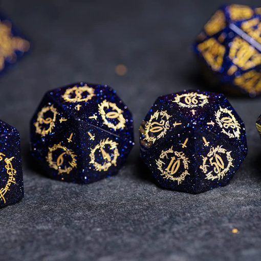 D&D Dungeons and Dragons Dice, Juego de dados poliedricos DND Pretty con tema de lenguaje secreto de elfos de piedra azul para juegos de mesa, TRPG, juegos de rol, 7 piezas - Imagen 7