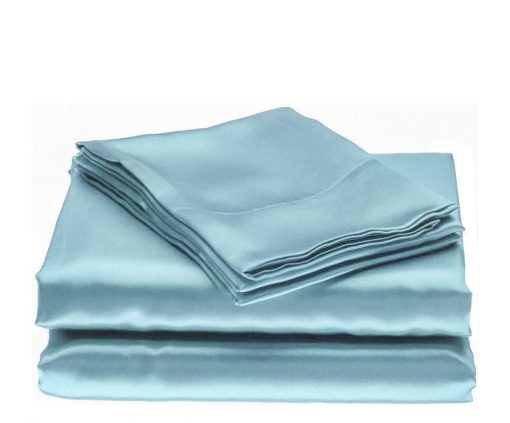 Juego de Cama 100% Seda Satinada de Bedify Bedding 7 Piezas - Set de Edredon, Sabana Ajustable de 15 Pulgadas de Bolsillo Profundo y Sabana Plana con Fundas de Almohada Suaves sin Arrugas y Resistentes al Desvanecimiento (Azul Cielo, Short Queen)