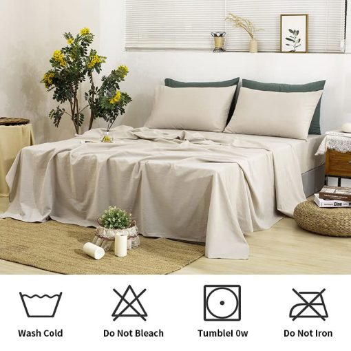 Juego de sabanas de lino TUMEI King Size - 4 piezas. Juego de sabanas de lino suave, transpirable y duradero para cama King con sabana bajera ajustable y sabana plana y 2 fundas de almohada, lino natural tamano King - Imagen 6