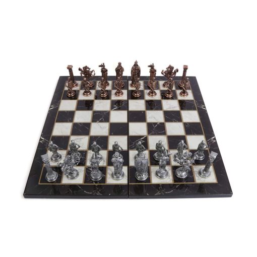 Juego de Ajedrez de Metal de Cobre Antiguo del Ejercito Britanico Medieval para Adultos, Piezas Hechas a Mano y Tablero de Ajedrez de Marmol Diseno de Madera Rey 3.35 pulgadas