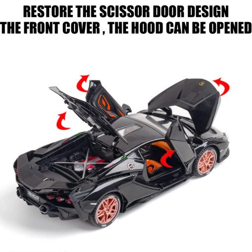 Carro de juguete Diecast 1/24 para ninos, Modelo de Coche Lambo Sian FKP 37 de Aleacion de Zinc con Luz y Sonido, Coche de Juguete de Vehiculos Retractiles para Ninos Ninas Regalo de Cumpleanos (Negro) - Imagen 5