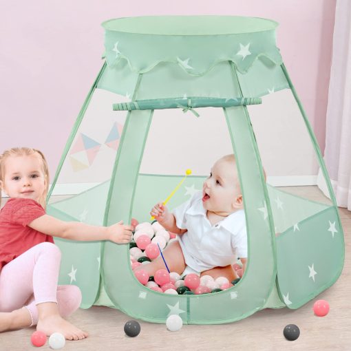 Tent de Juego para bebe Wilhunter con 150 Pelotas, Tienda de Campana emergente para ninas, Juguetes de Princesa para ninos Interior y Exterior con Bolsa de Transporte (Celadon: Rosa/Blanco/Gris, 109x90cm/150 Pelotas) - Imagen 5