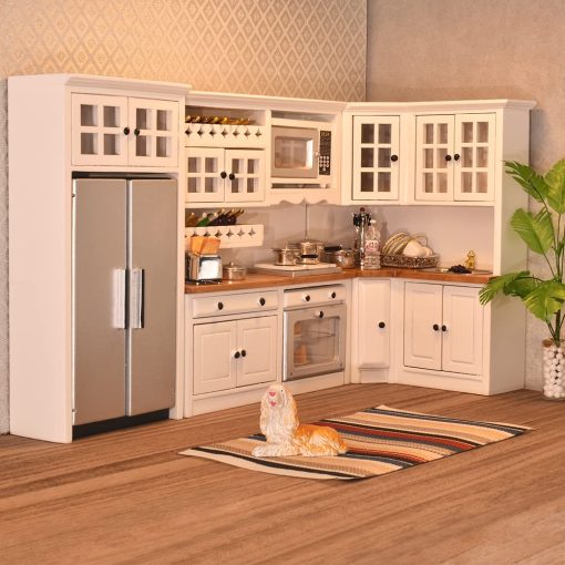Juego de Muebles de Cocina de Casa de Muñecas iLAND, Moderno en Escala 1/12 de Madera Blanca para Almacenar Comida en Miniatura
