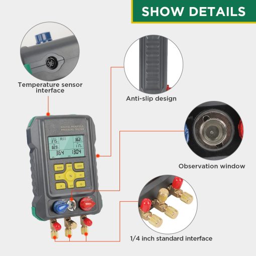 Juego de Manifolds Digitales para Aire Acondicionado CMTOOL para 93 Refrigerantes Juego de Manometros de Presion de Aire Acondicionado R134A R22 R12 R410A R1234YF Kit de Recarga de Refrigerante para Refrigeracion Digital - Imagen 8
