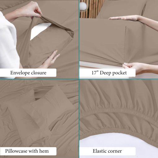 Juego de sabanas individuales Bunny's Home taupe de 1000 hilos de algodon egipcio de 4 piezas con bolsillo extra profundo de 17" - Juego de sabanas de lujo para cama individual de sateen - Imagen 4