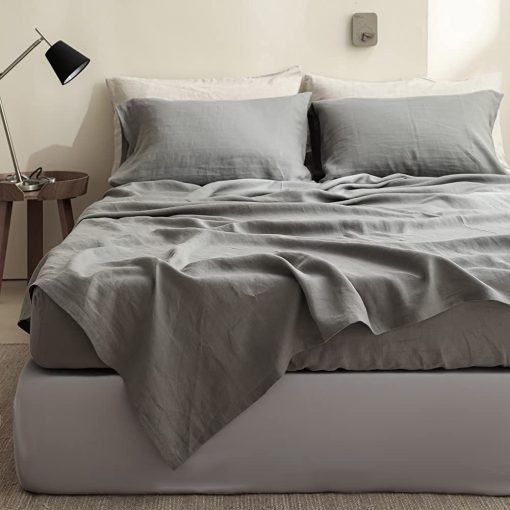 Juego de sabanas 100% lino Simple&Opulence estilo basico, bolsillo profundo, suave juego de sabanas transpirables de lino lavado frances natural 4 piezas - Gris ultimo, Reina - Imagen 9