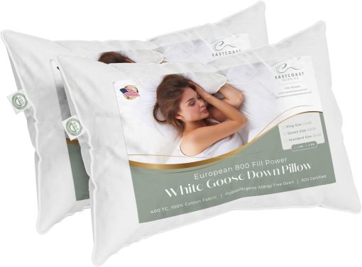 Juego de 2 Almohadas Queen Size de East Coast Bedding - Almohadas de Lujo Suaves para Hotel - 100% Relleno de Plumon de Ganso Europeo 800FP - Almohada Sin Plumas para Dormir - Imagen 6